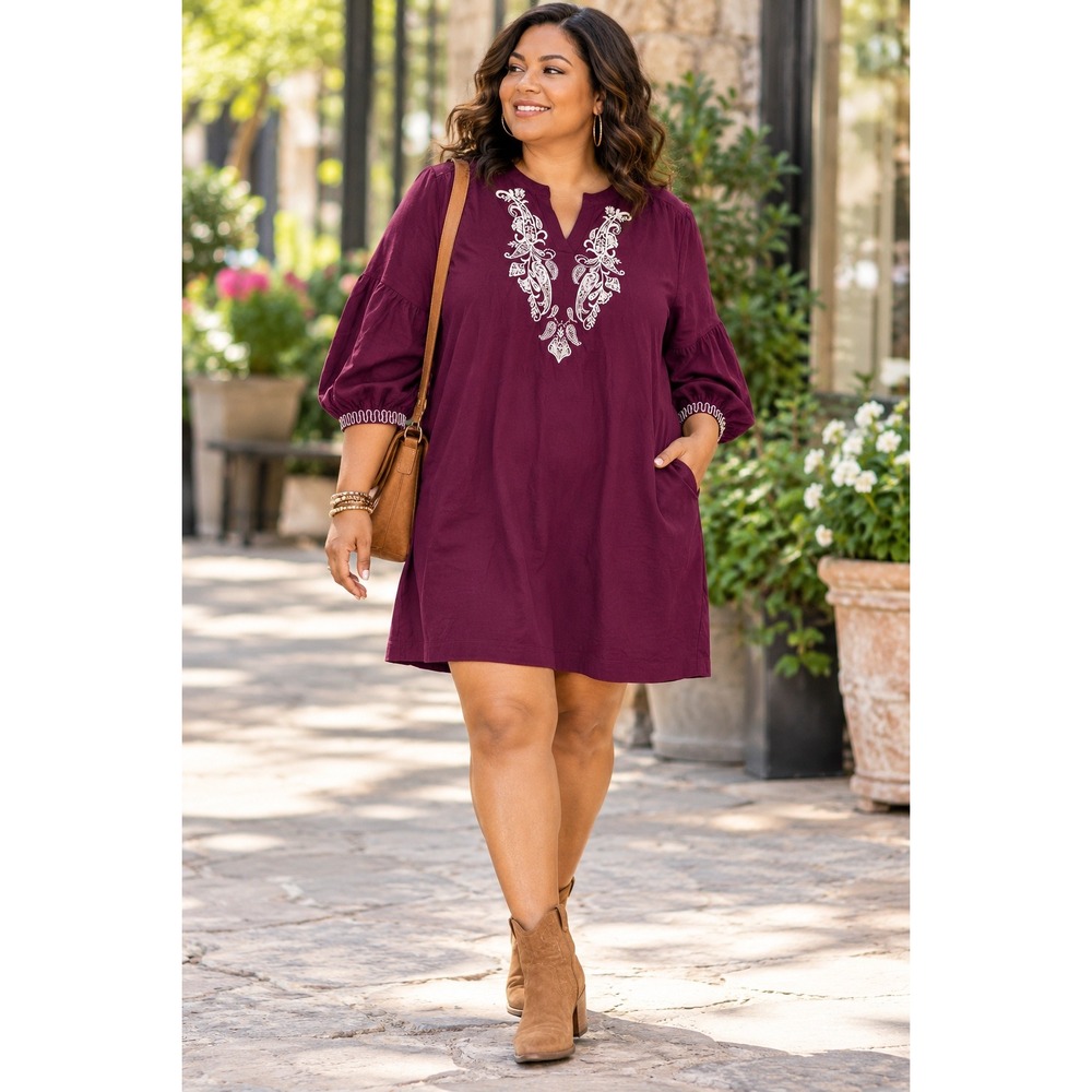 New Chico's Travelers Womans 3 16 Dress Maroon Paisley Embroidered Stretch NWT